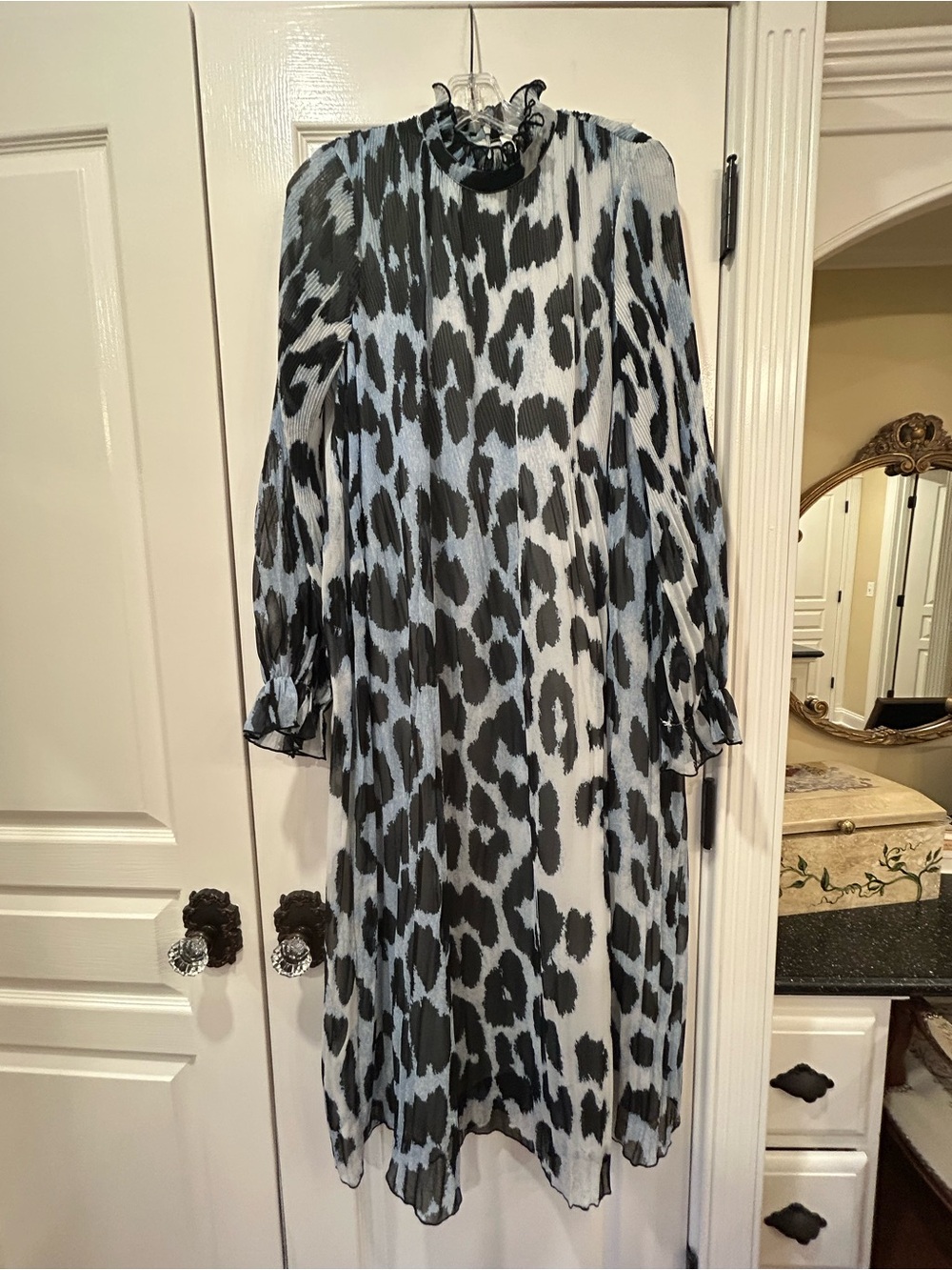 Ganni Black and Light Blue Animal Print Pleated Midi Dress